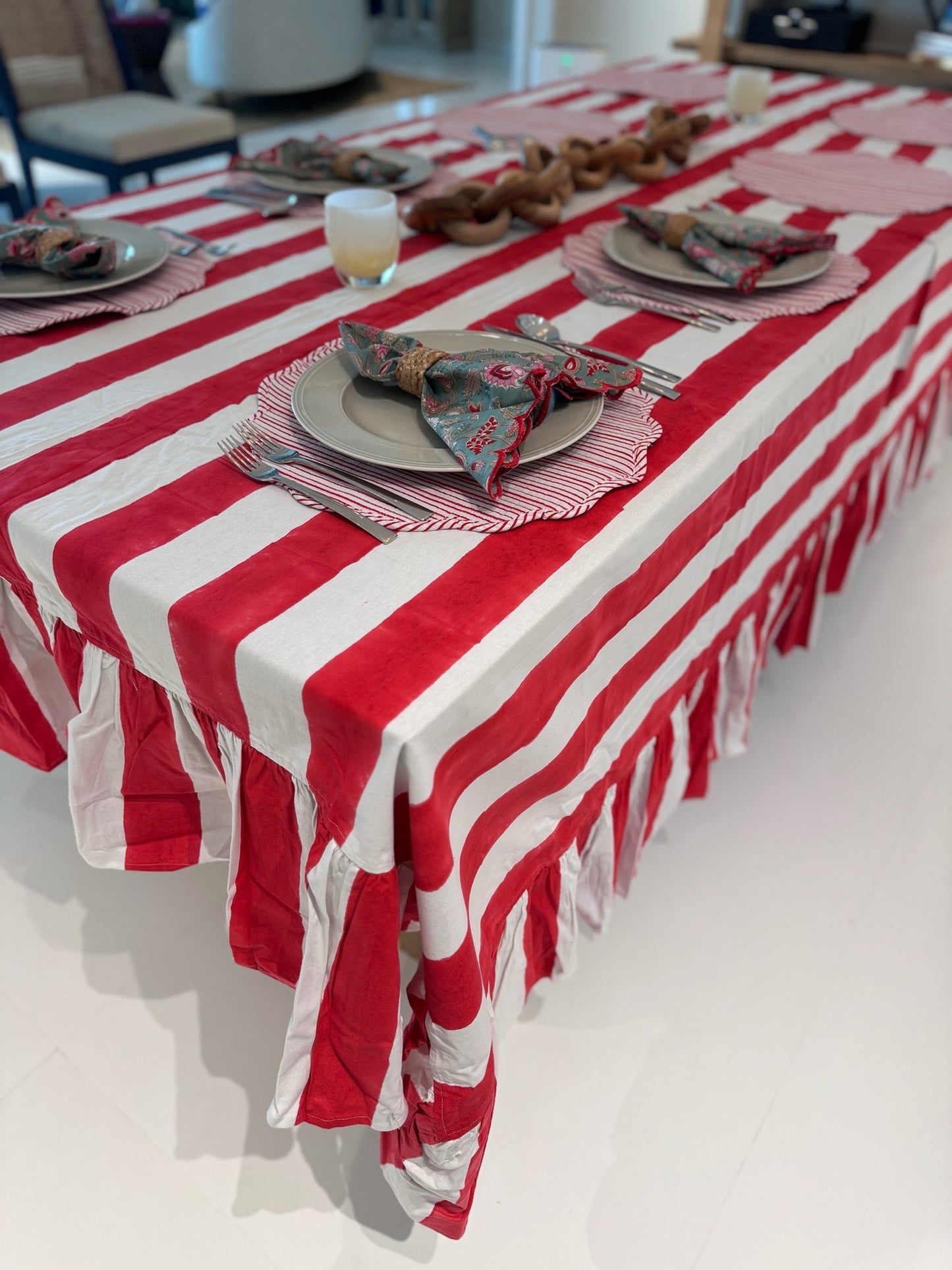 Red Striped Ruffle Tablecloth