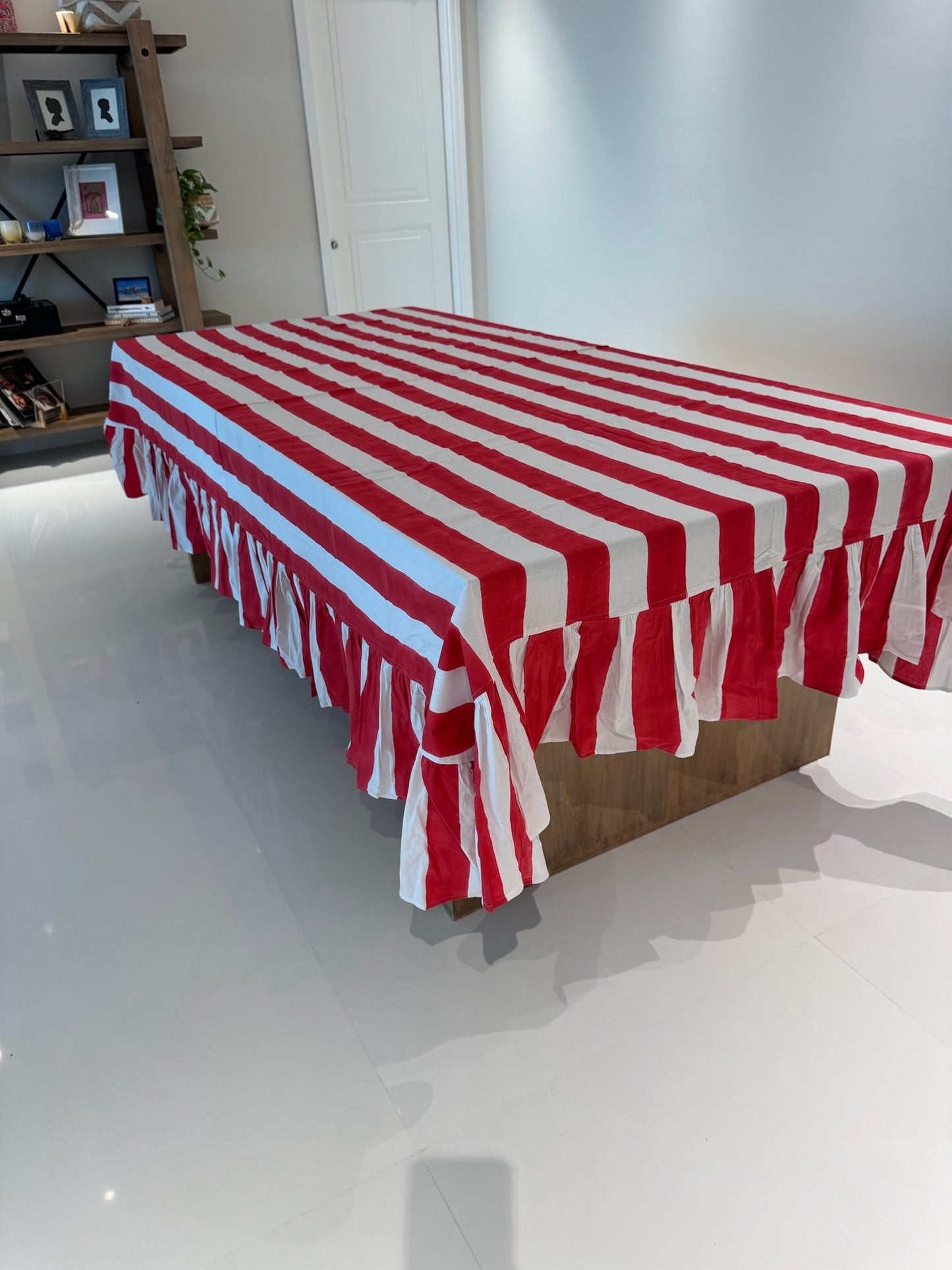 Red Striped Ruffle Tablecloth