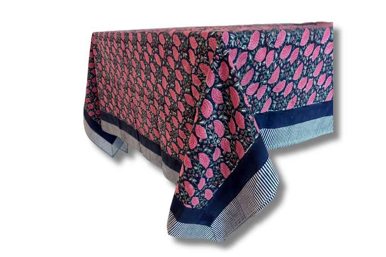 Navy Blue and Pink Table Linen with Green Vines