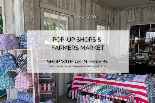 Shop Quincy & Coco in person! Dates and locations for upcoming pop up shops, farmers markets and holiday fairs!