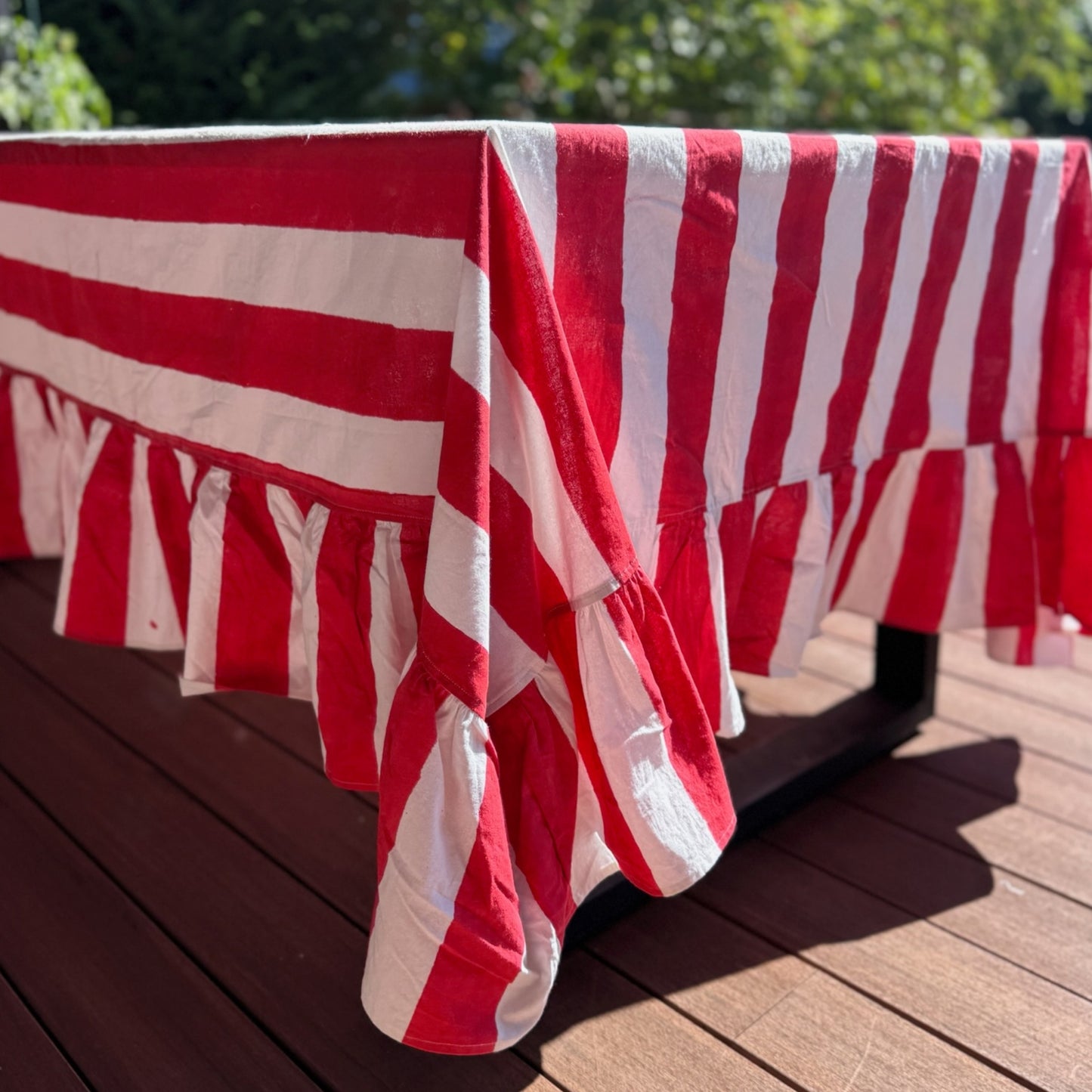 Red Striped Ruffle Tablecloth