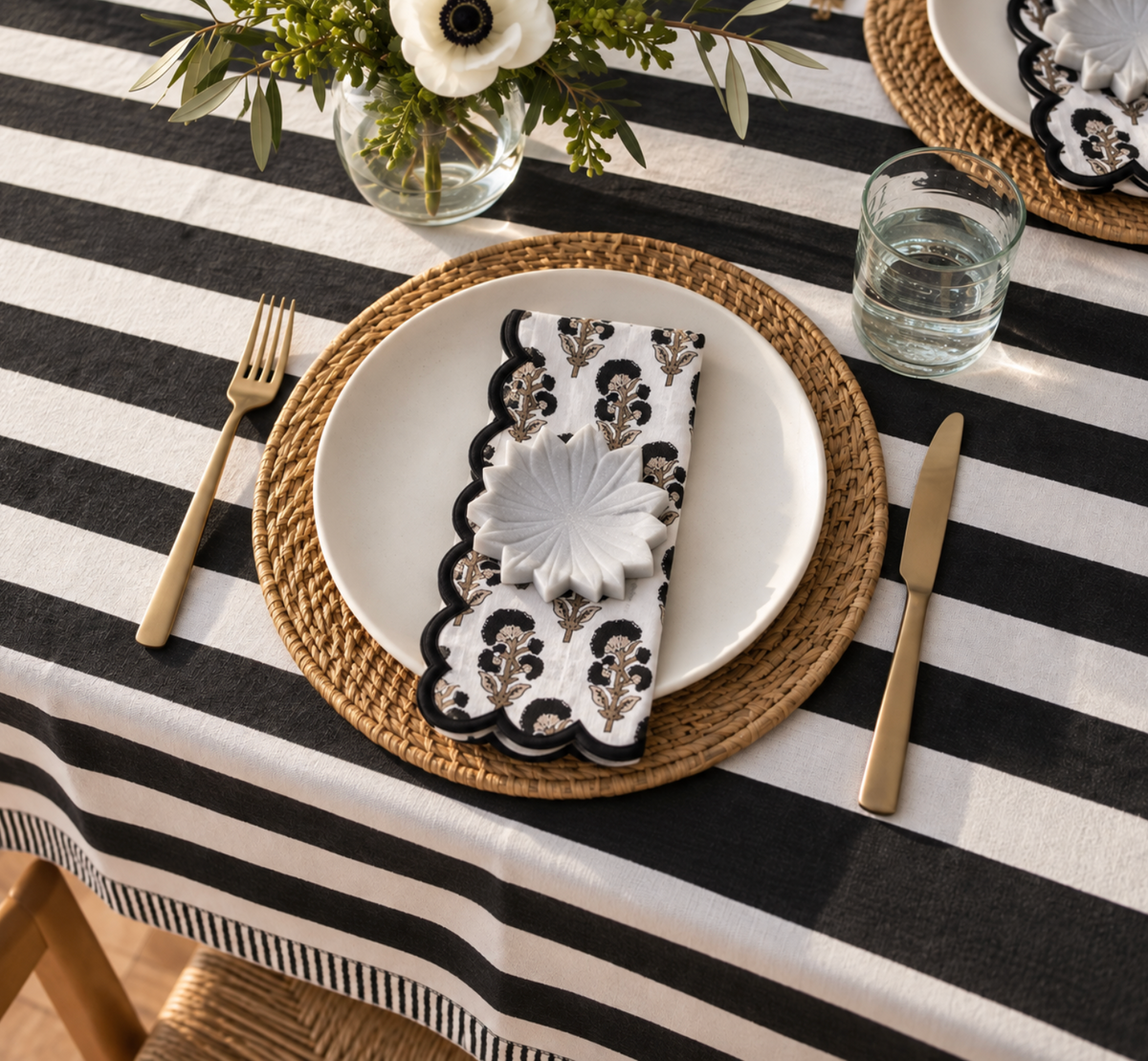 Black, Tan and White  Floral Block Print Napkin