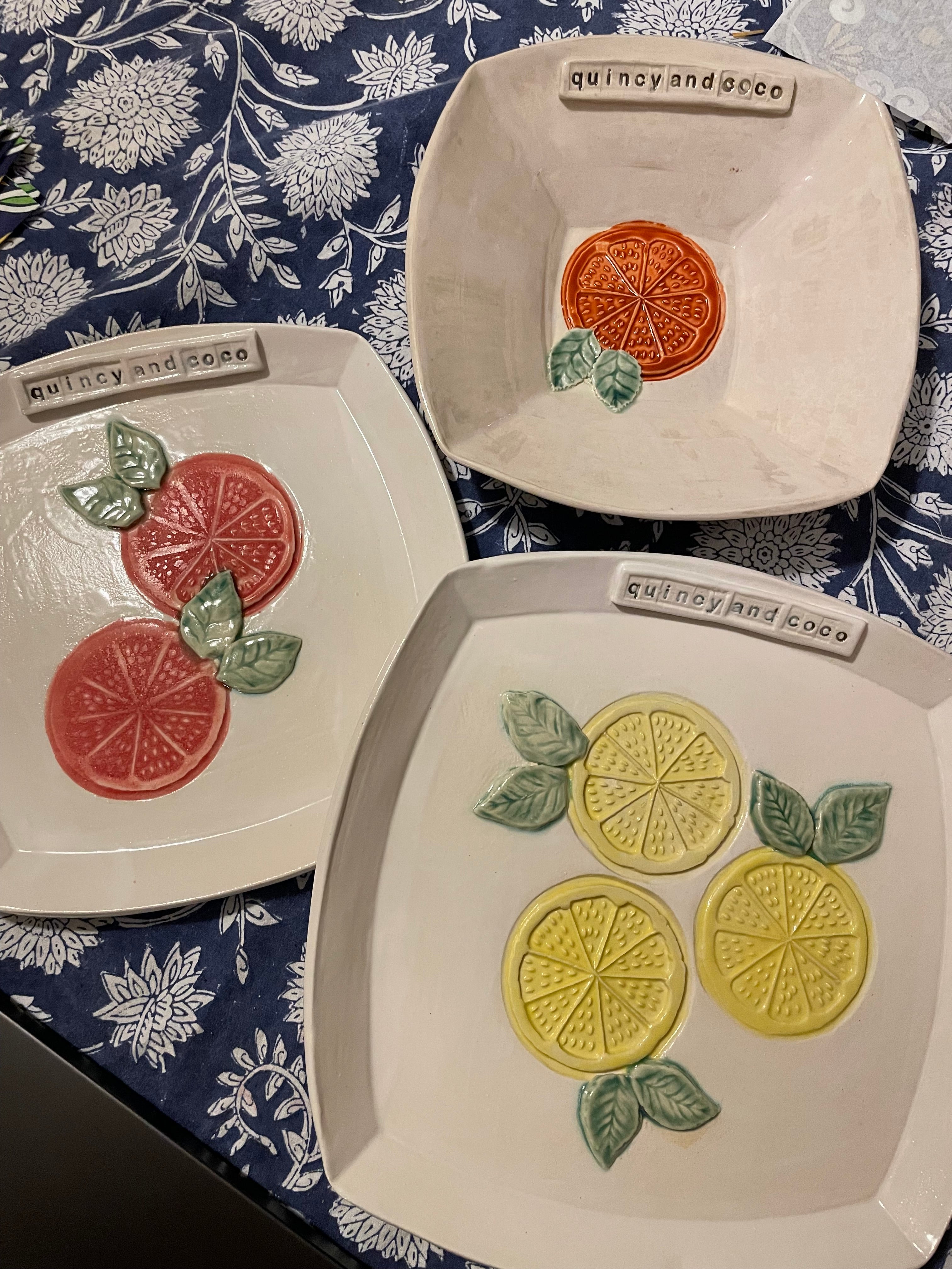 Citrus Block Print stamped into clay platters