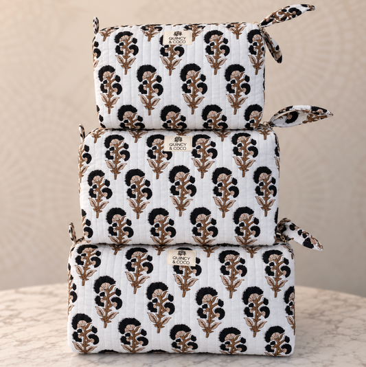 Heirloom Floral - Black & Tan - Quilted Makeup Bag