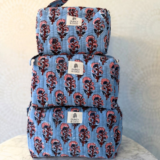 Heirloom Floral - Blue - Quilted Makeup Bag