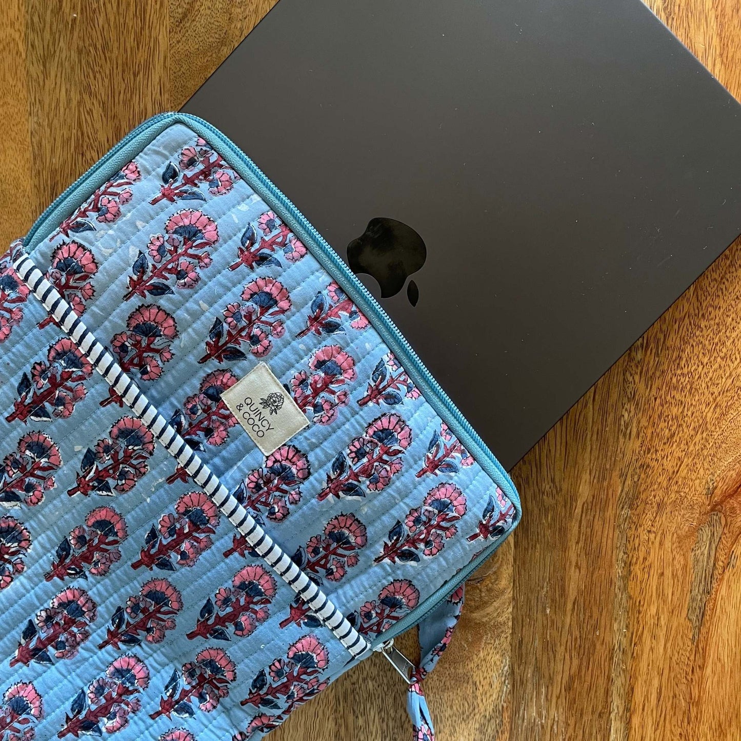 Light Blue Floral Quilted Laptop Sleeve