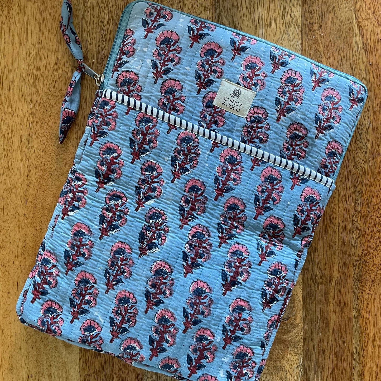 Light Blue Floral Quilted Laptop Sleeve