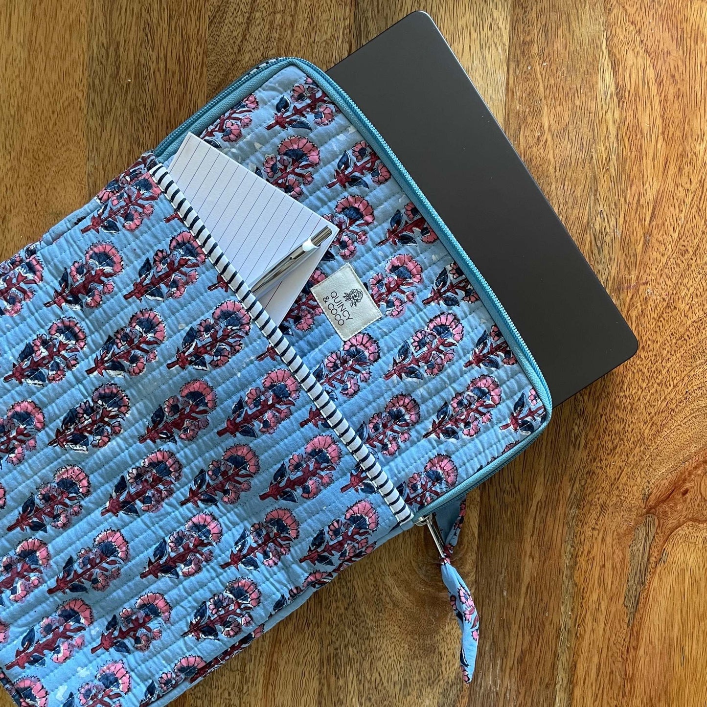 Light Blue Floral Quilted Laptop Sleeve