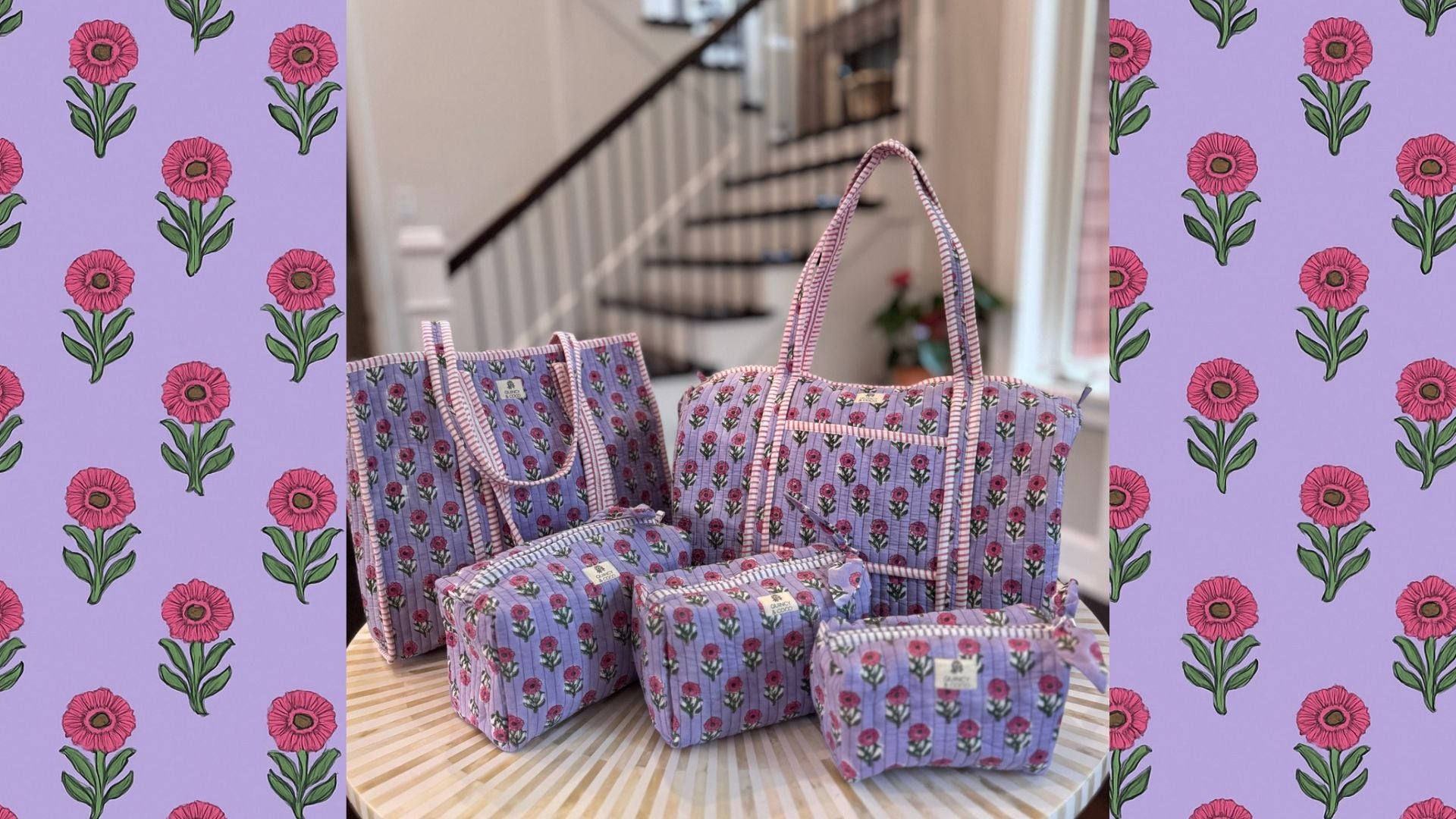 Set of floral-patterned bags on a wooden surface with a floral border.
