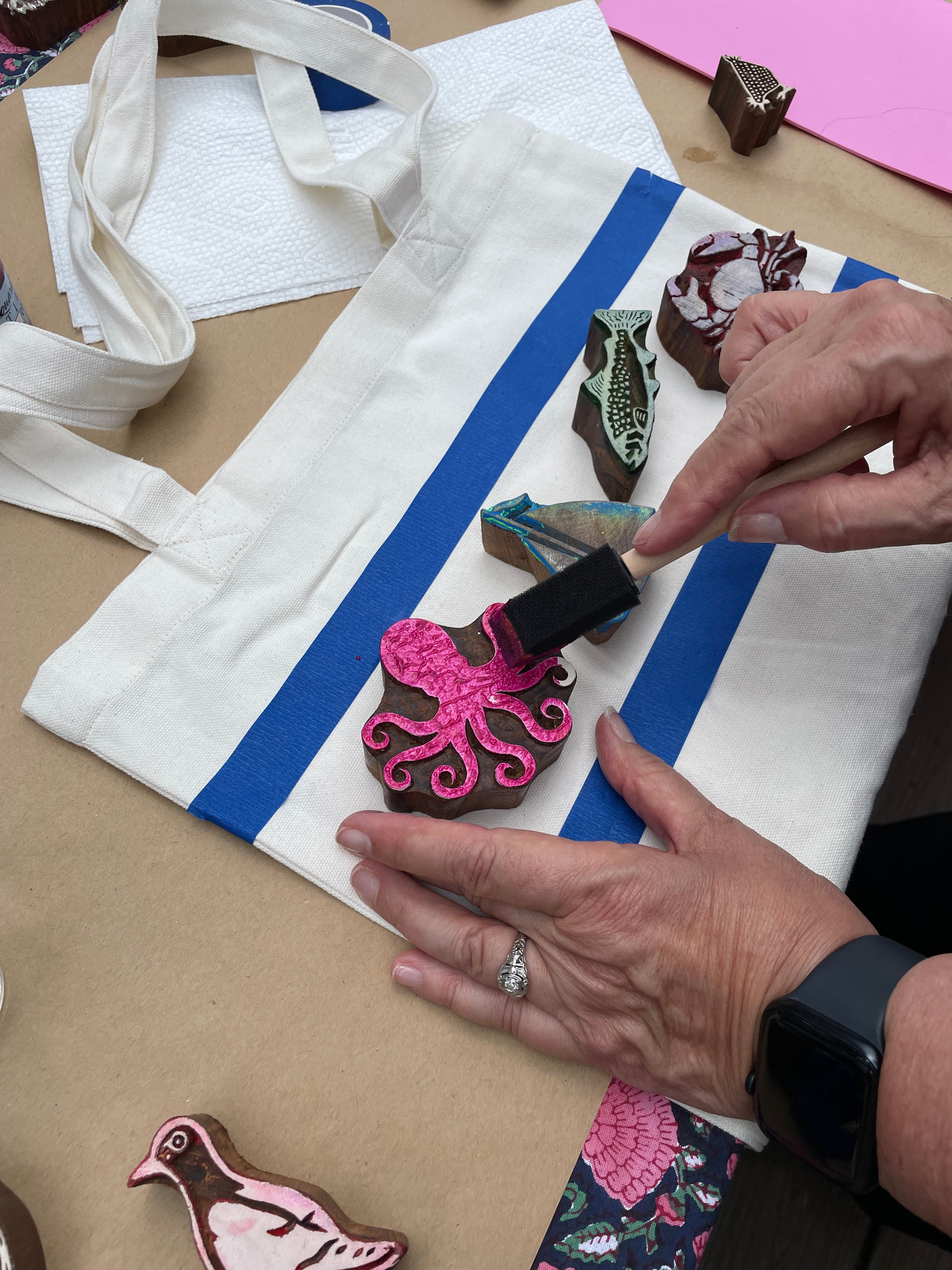 Ocean tote with octopus, sailboat, salmon, and crab blocks.