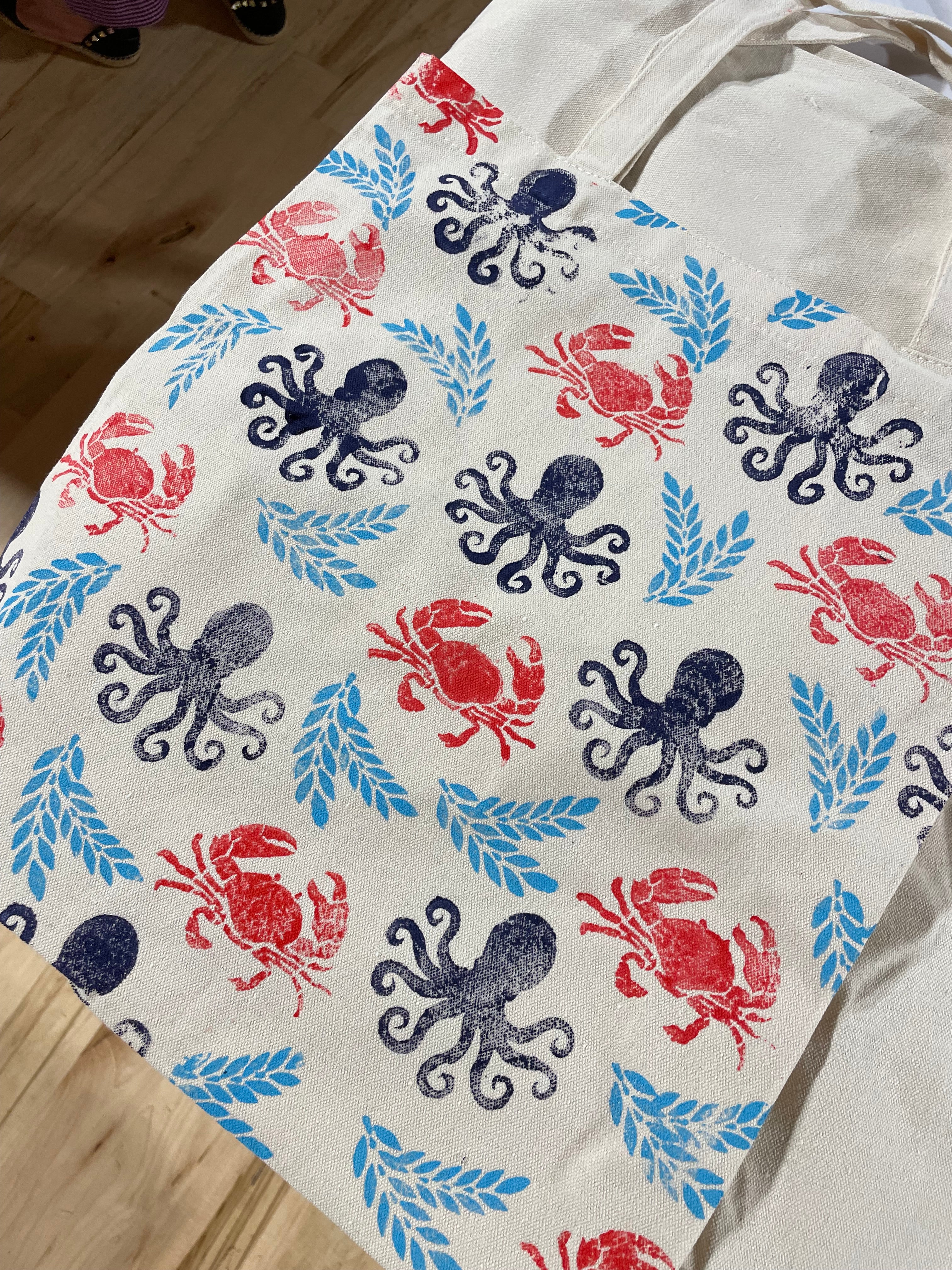 Oly Octopus and Camano Crab with Wheat Block Print Tote