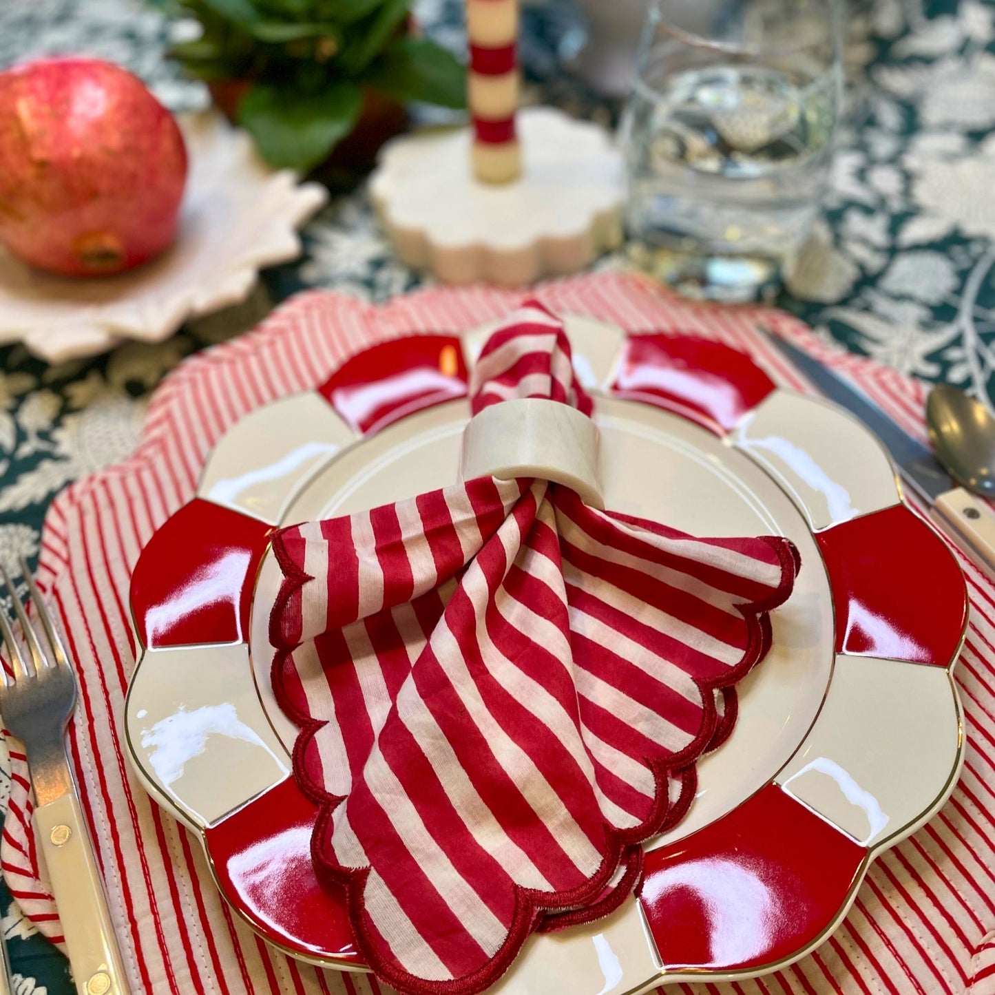 Stripe Embroidered Napkin Red - Set of 4