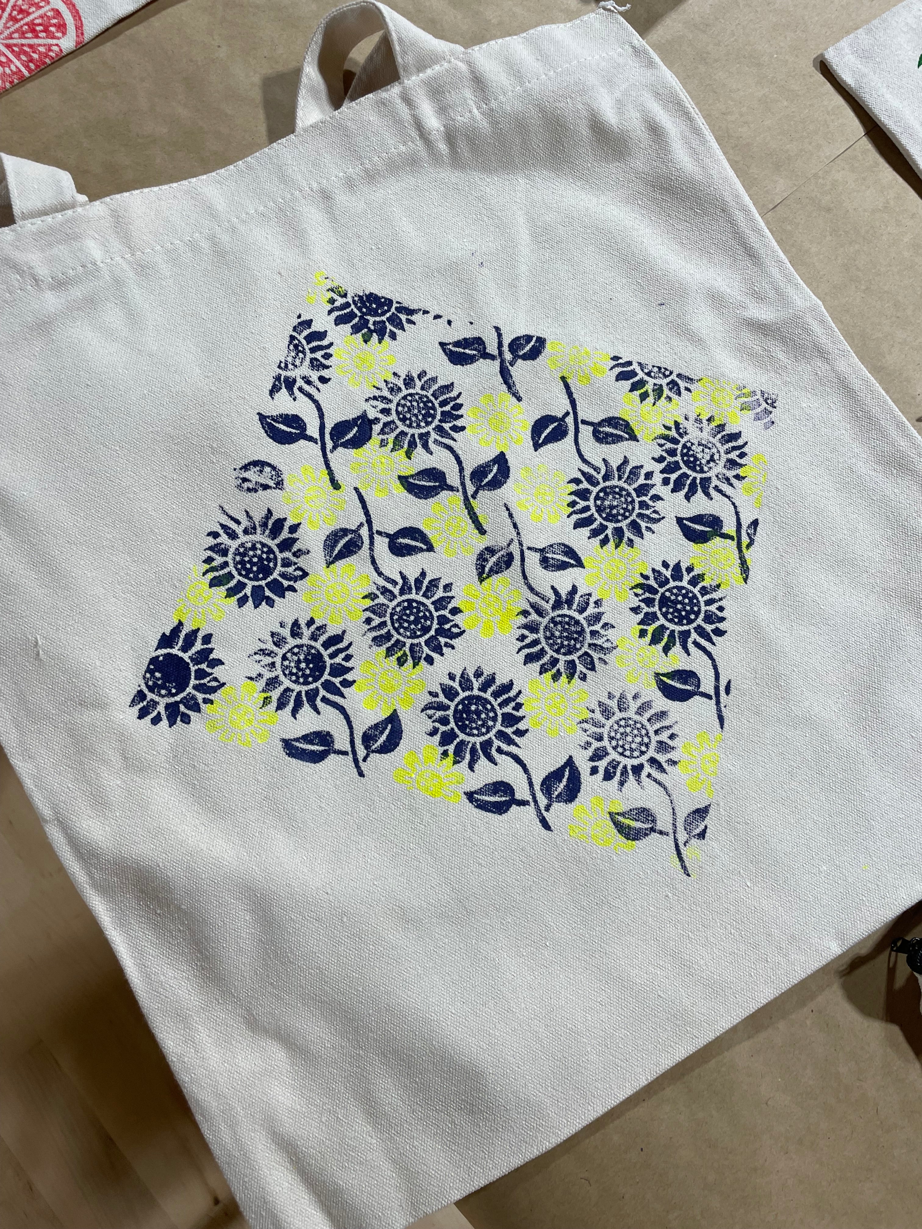 Sunflower Block Print Tote in Navy and Yellow